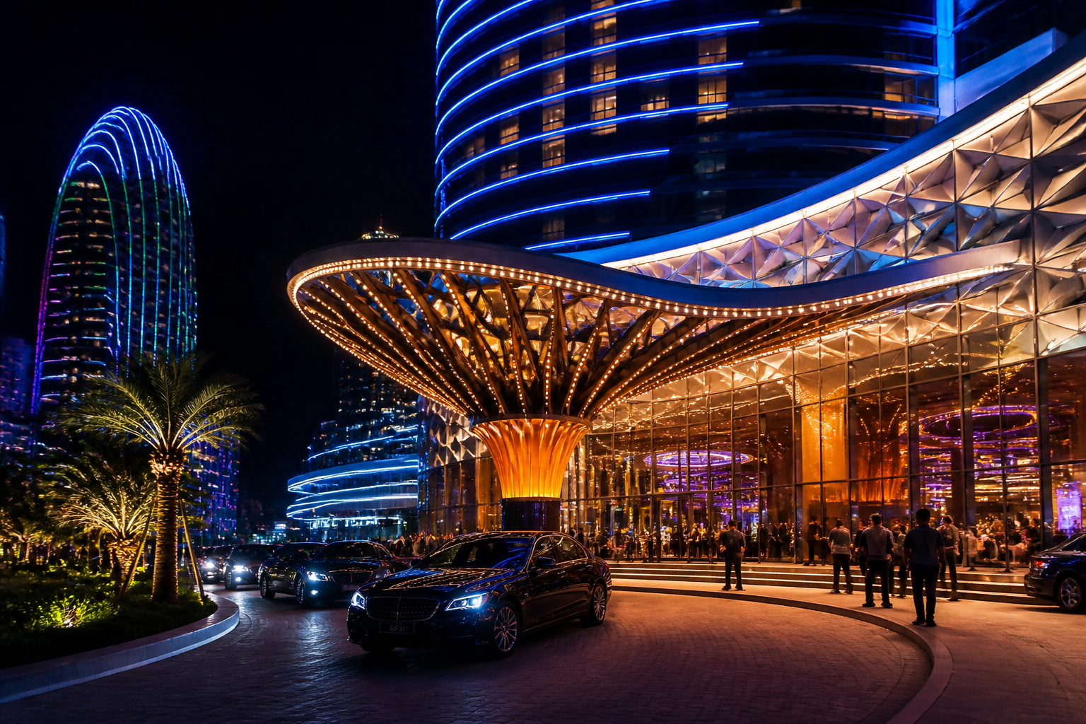 Modern casino entrance in Batumi with neon lights and luxury cars
