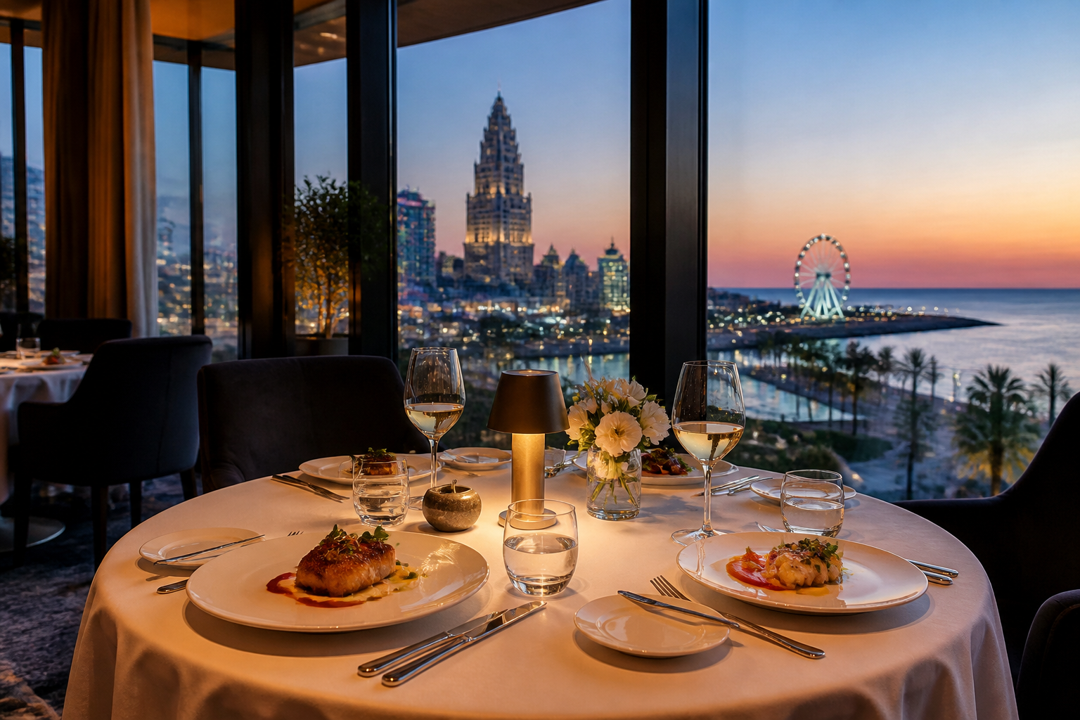 Luxury fine dining table setting in a Batumi restaurant with sea view