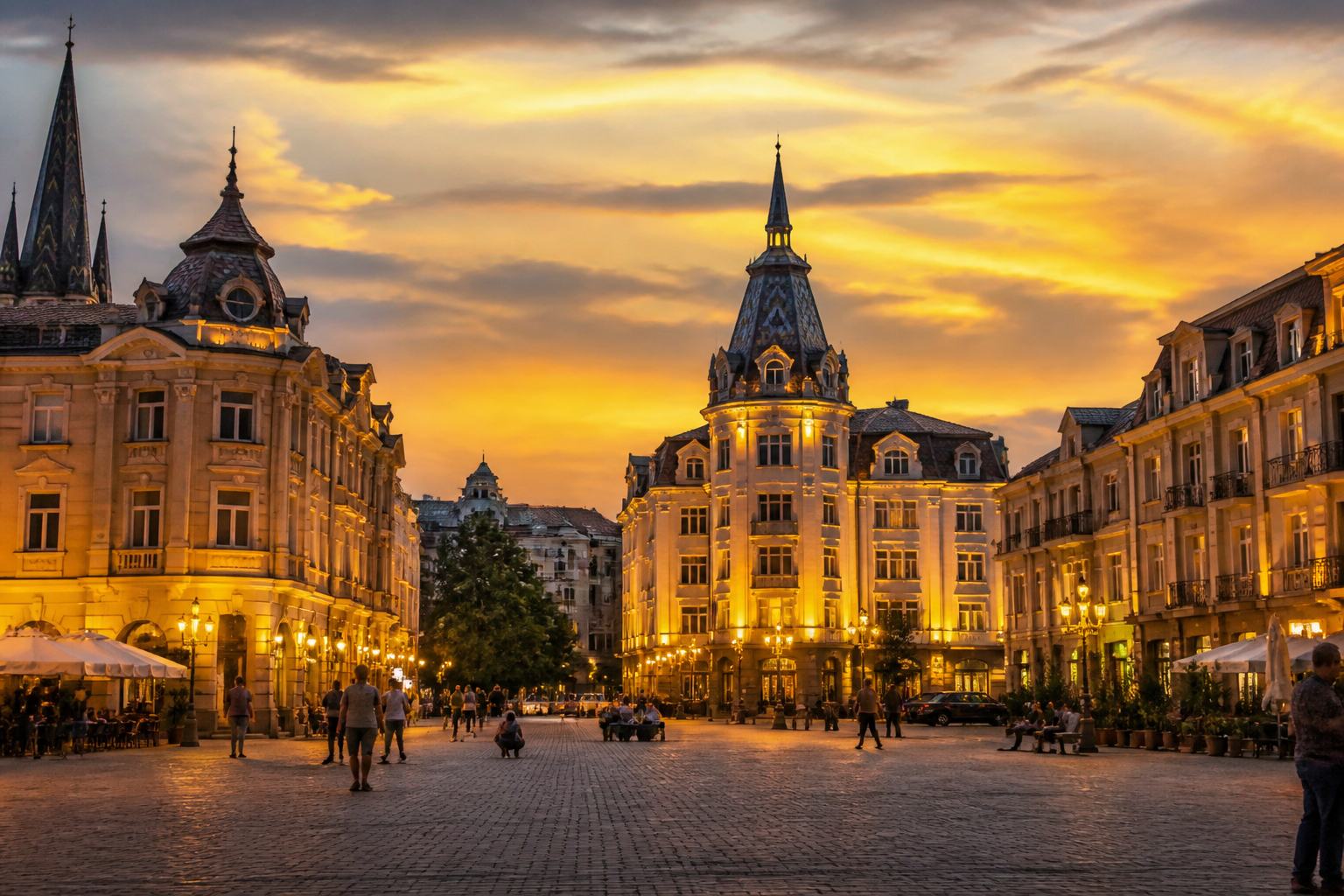 Batumi Old Town Piazza at sunset with golden lights