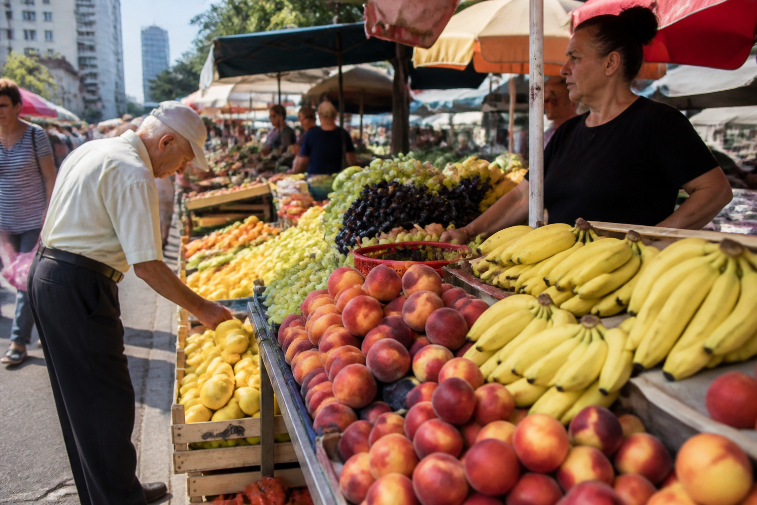 Vibrant street market in Tirana with colorful fruits
