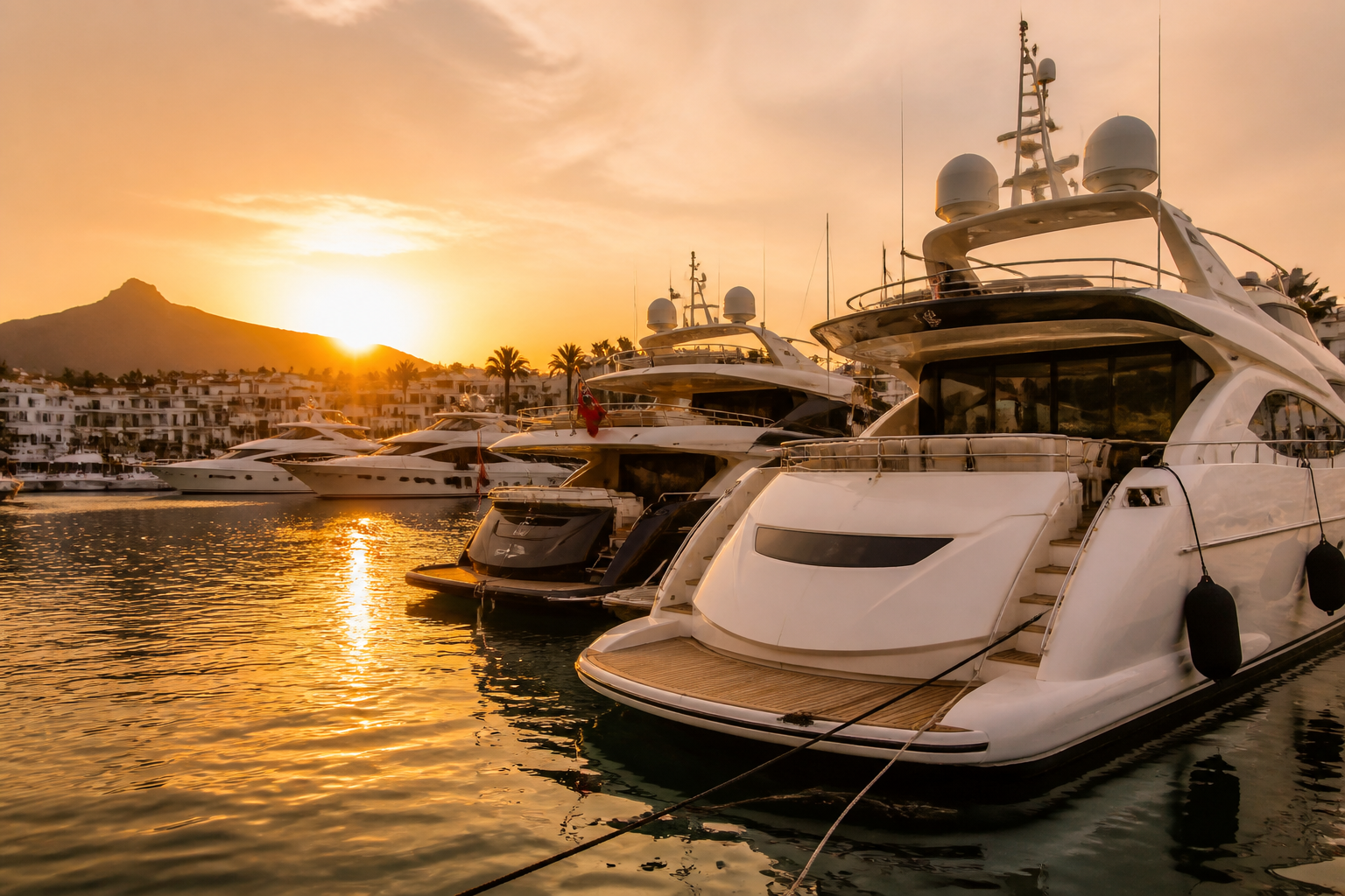 Luxury yacht in Puerto Banus marina at sunset | יאכטות יוקרה בנמל פוארטו באנוס במרבייה