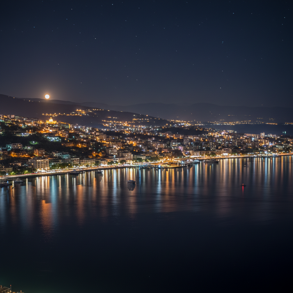 Panoramic view of Saranda bay at night with city lights reflecting in the water