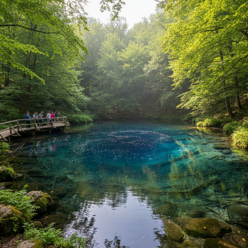 The Blue Eye spring Albania crystal clear deep blue water bubbles upwards