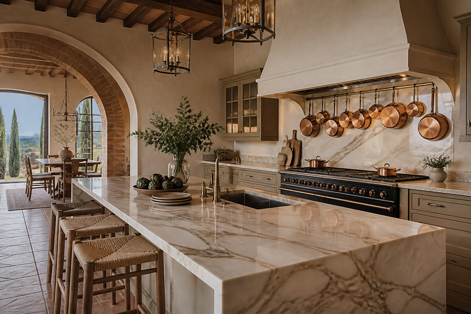 Interior of a luxury Tuscan villa kitchen with marble island and copper pans
