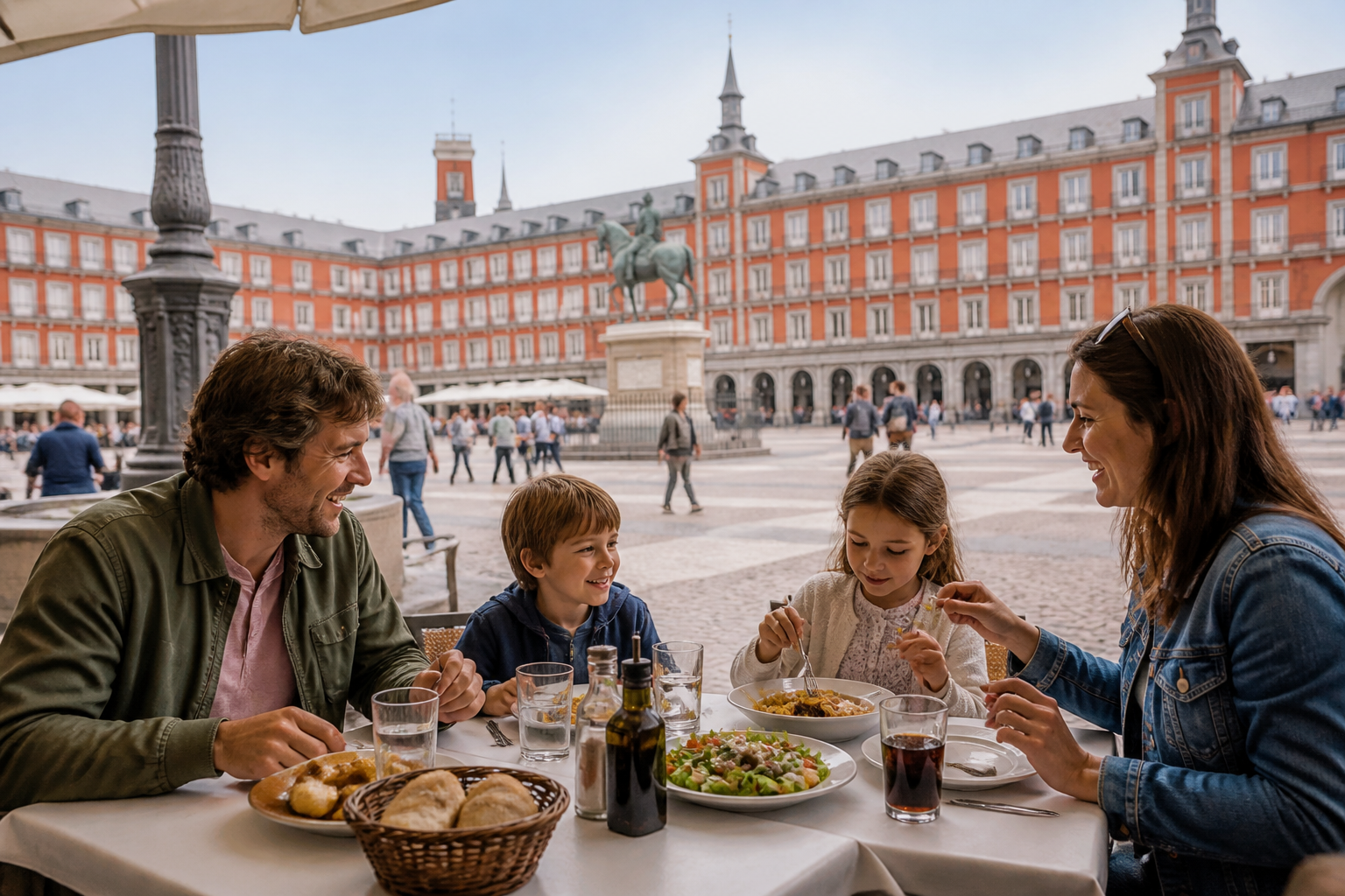 Family dining at outdoor cafe in Madrid Spain Plaza Mayor