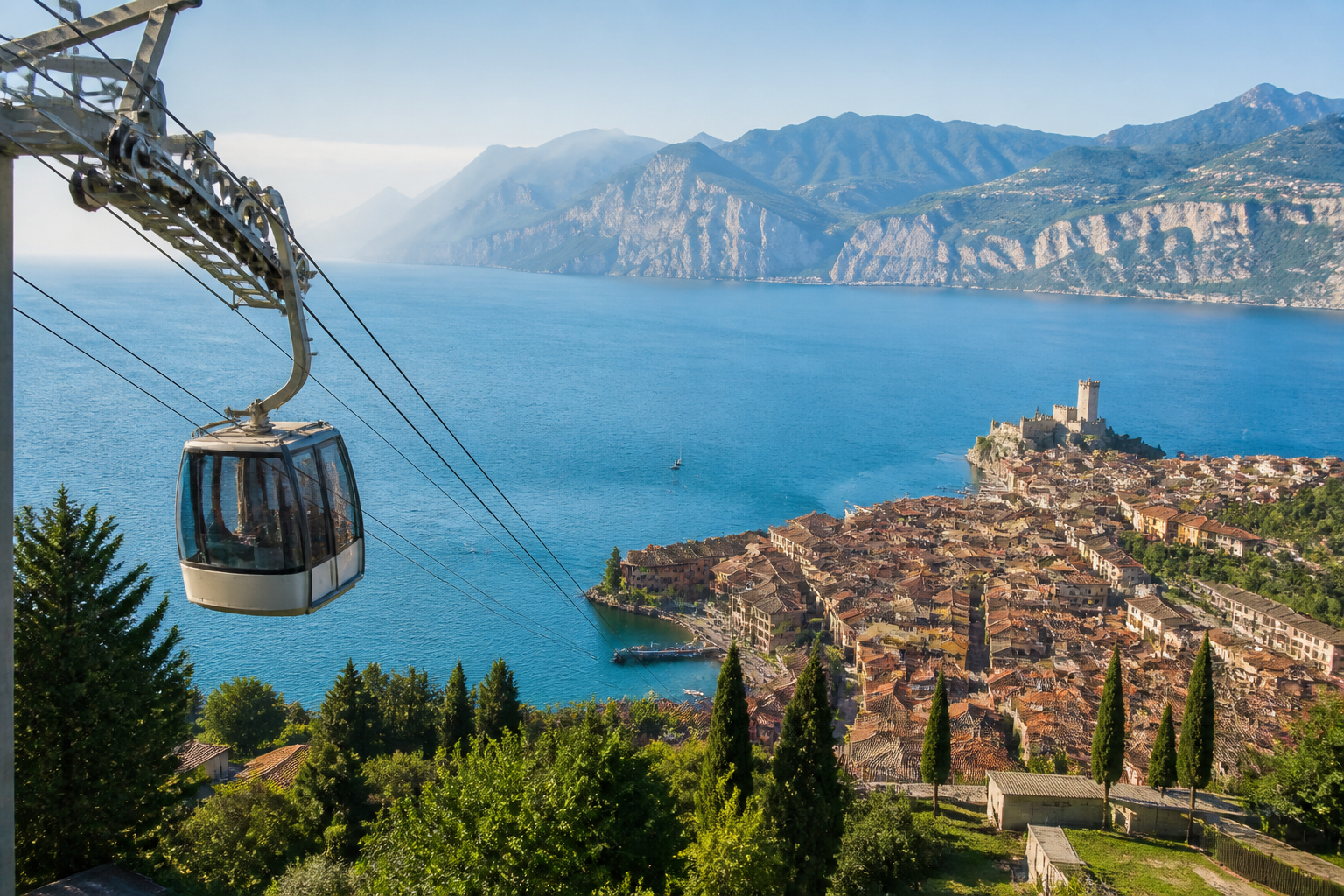 View of Lake Garda from Malcesine with cable car