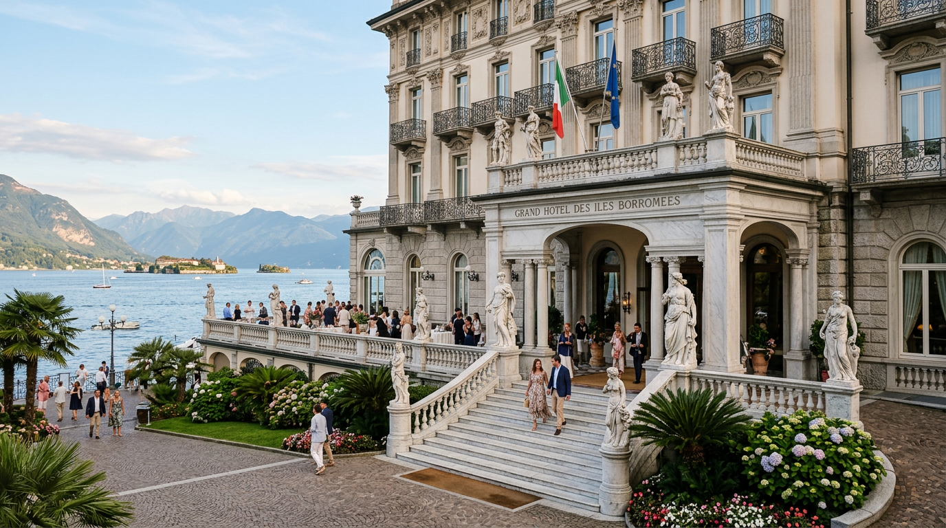 Luxury hotel facade in Stresa with marble statues | החזית המפוארת של מלון גראנד הוטל בסטרזה
