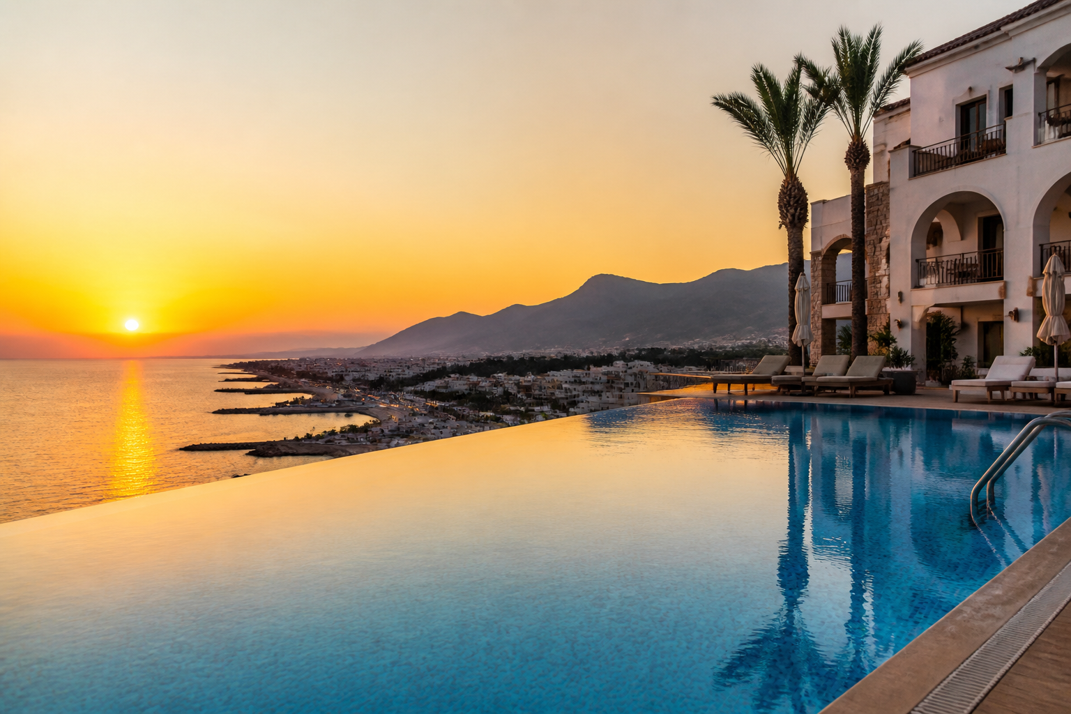 Luxury hotel swimming pool in Kyrenia at sunset with sea view