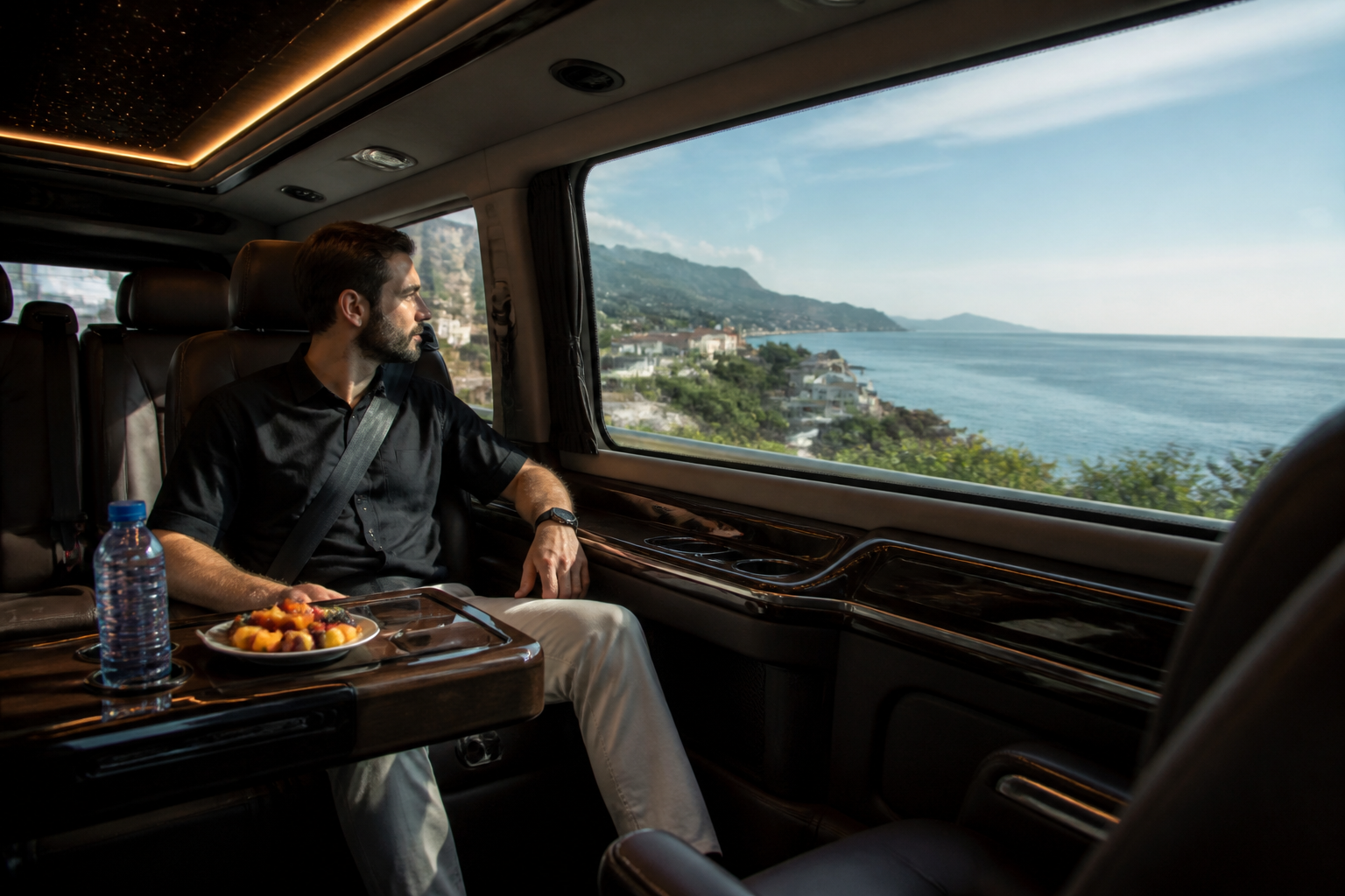 Luxury transfer van with amenities on the way to Kyrenia