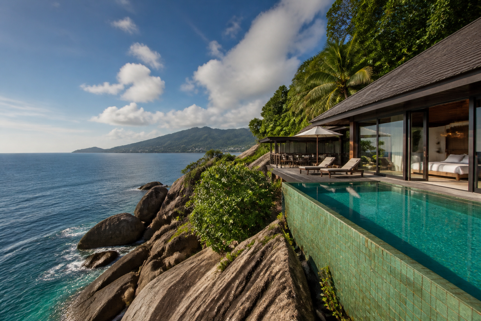 'Luxury villa with private pool on a granite cliff in Mahe Seychelles'