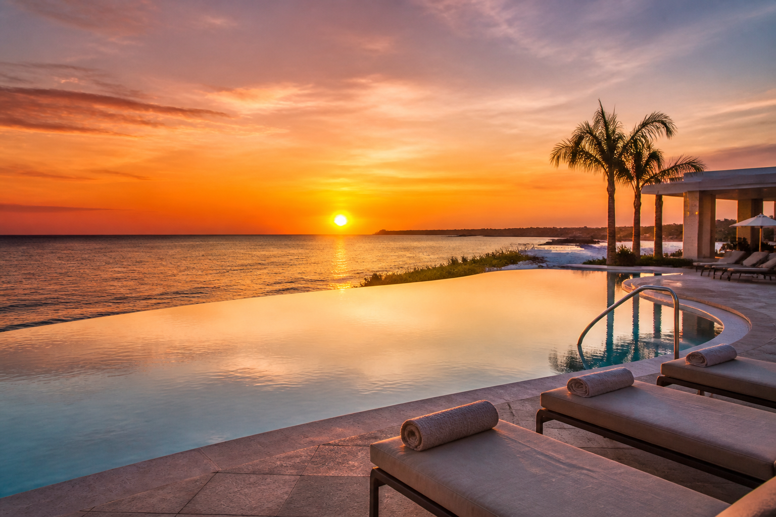 Luxury hotel pool in Paphos at sunset overlooking the Mediterranean sea