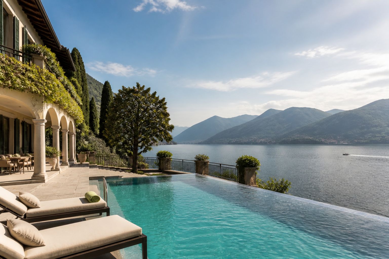 Luxury villa overlooking Lake Como with private pool and mountain background