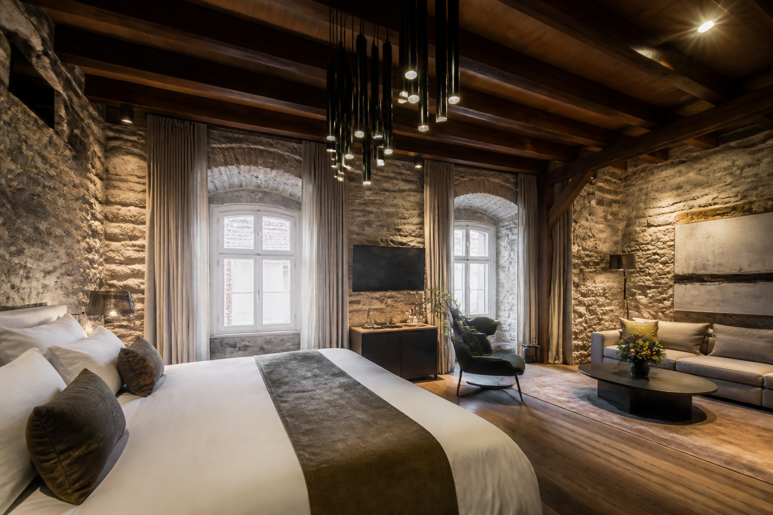 Luxury hotel suite in Tallinn with old stone walls and modern lighting | סוויטת יוקרה בעיר העתיקה של טאלין - שילוב של ישן וחדש